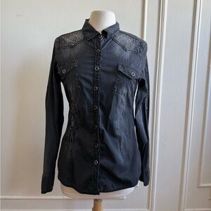 Y2K Roar black button up long sleeve shirt with rhinestones